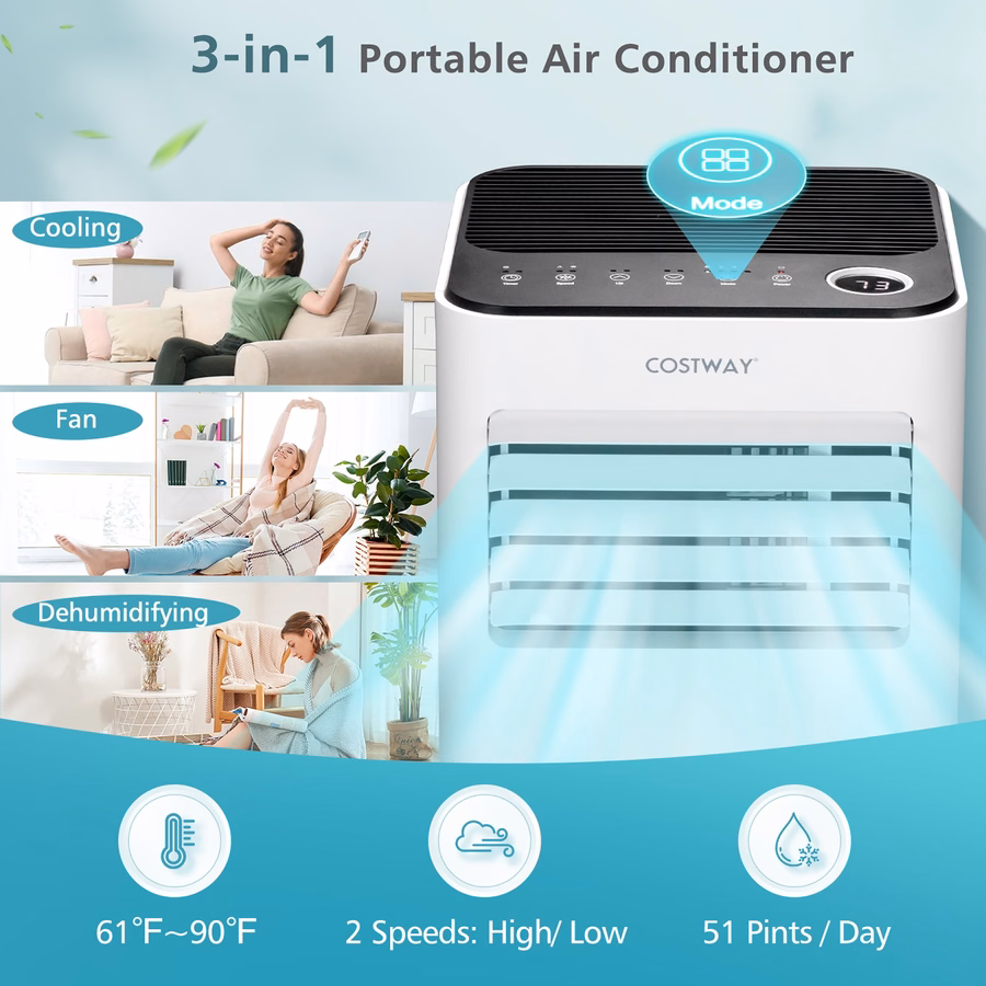 Condizionatore d'aria portatile Costway da 10000 BTU, 3 in 1: raffreddatore d'aria con ventilatore, deumidificatore e modalità notturna.