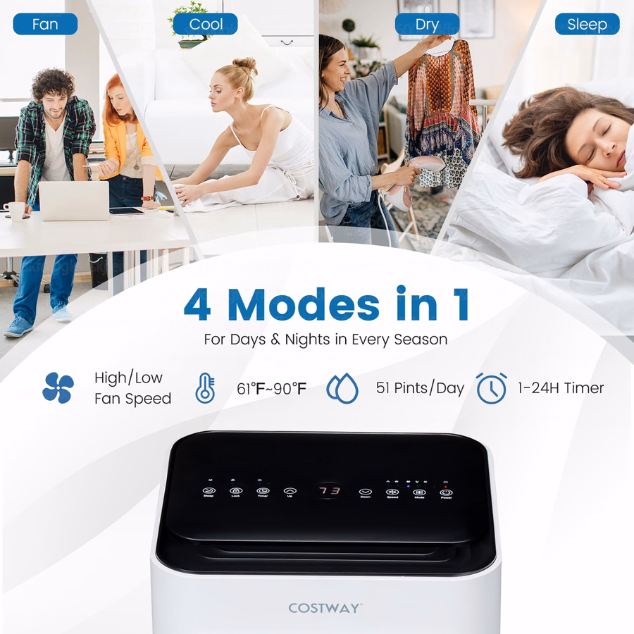 Condizionatore d'aria portatile Costway da 6000 BTU (10000 BTU ASHRAE) 4 in 1 con ventilatore, umidificatore e modalità notturna.