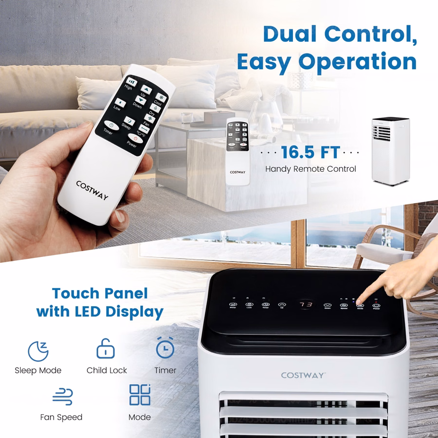 Condizionatore d'aria portatile Costway da 6000 BTU (10000 BTU ASHRAE) 4 in 1 con ventilatore, umidificatore e modalità notturna.