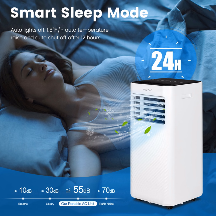 Condizionatore d'aria portatile Costway da 6000 BTU (10000 BTU ASHRAE) 4 in 1 con ventilatore, umidificatore e modalità notturna.