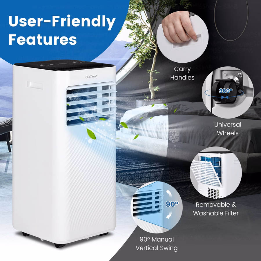 Condizionatore d'aria portatile Costway da 6000 BTU (10000 BTU ASHRAE) 4 in 1 con ventilatore, umidificatore e modalità notturna.