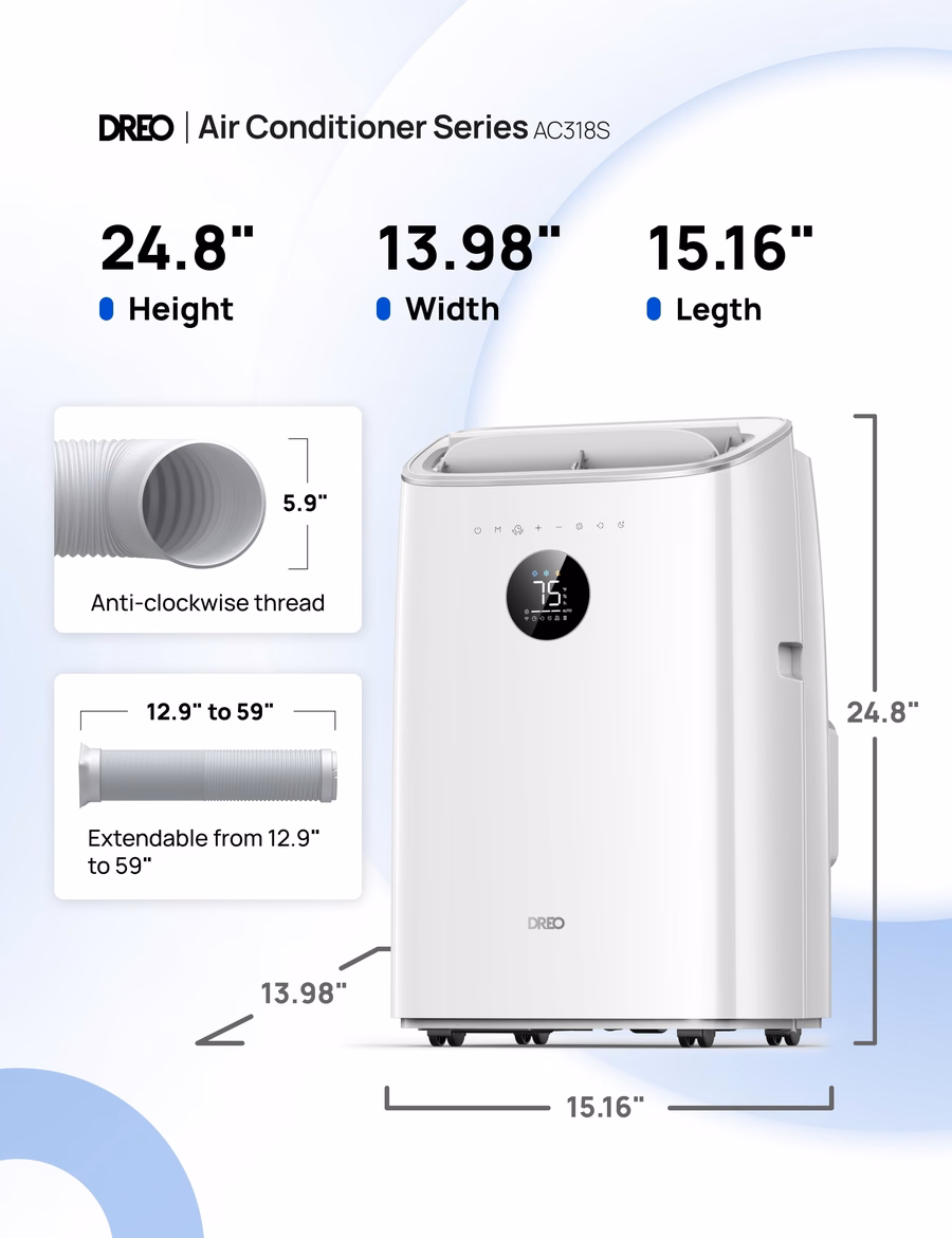 Condizionatore d'aria portatile DREO da 8000 BTU ASHRAE (5000 BTU DOE), raffreddamento senza svuotamento, silenzioso (45 dB), intelligente, per ambienti, controllabile tramite APP/voce/telecomando, timer 24 ore con funzione ventilatore/deumidificatore, copre fino a 150 piedi quadrati.