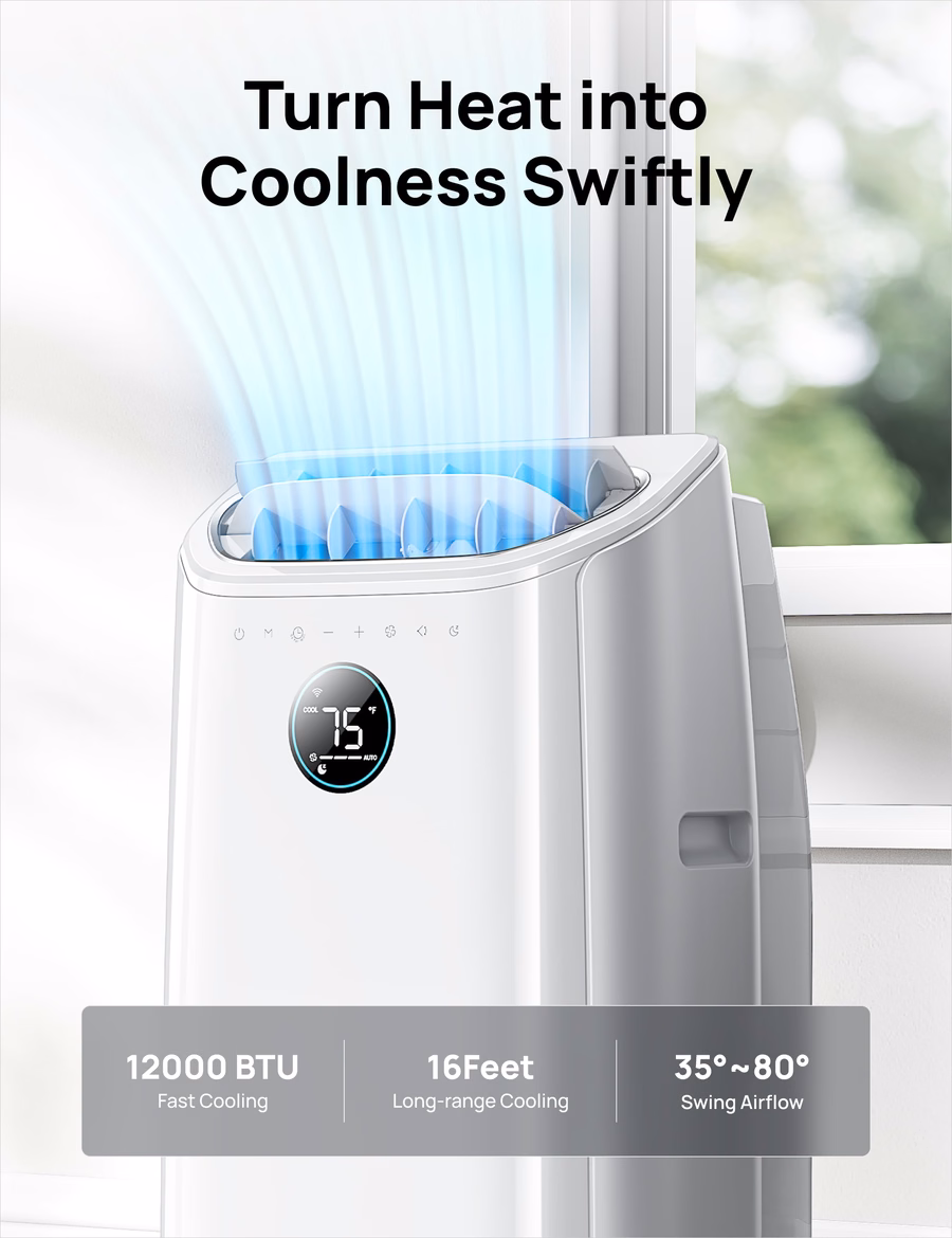 Condizionatore d'aria portatile DREO da 12.000 BTU ASHRAE (8.000 BTU DOE), copre fino a 350 piedi quadrati, raffreddamento senza svuotamento, silenzioso (46 dB), controllabile tramite APP/voce/telecomando, timer 24 ore con ventilatore e deumidificatore, climatizzatore intelligente per ambienti.