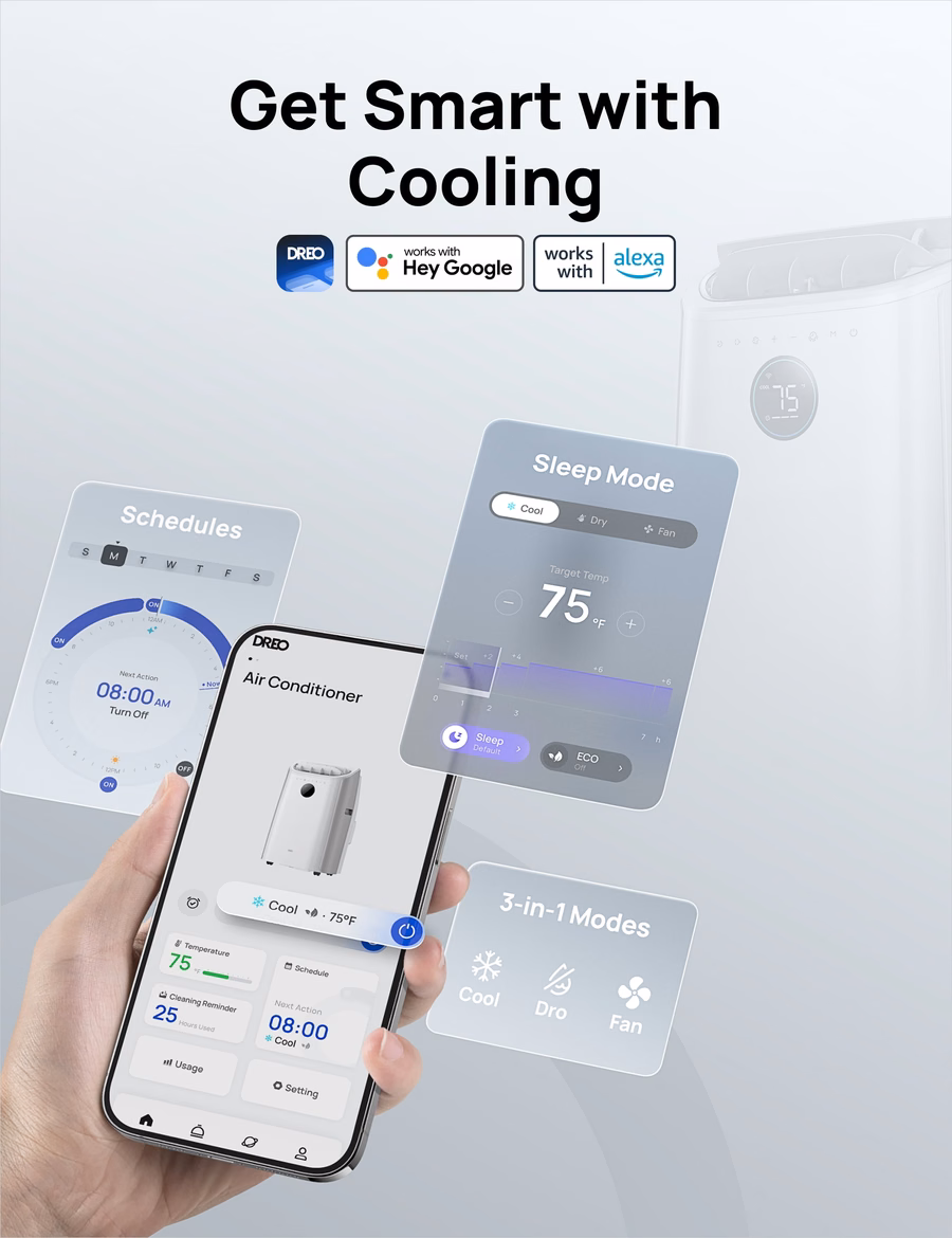 Condizionatore d'aria portatile DREO da 12.000 BTU ASHRAE (8.000 BTU DOE), copre fino a 350 piedi quadrati, raffreddamento senza svuotamento, silenzioso (46 dB), controllabile tramite APP/voce/telecomando, timer 24 ore con ventilatore e deumidificatore, climatizzatore intelligente per ambienti.