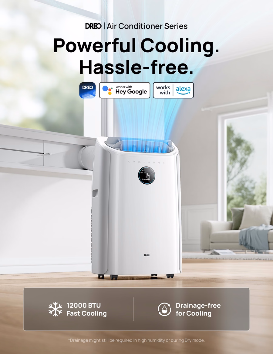 Condizionatore d'aria portatile DREO da 12.000 BTU ASHRAE (8.000 BTU DOE), copre fino a 350 piedi quadrati, raffreddamento senza svuotamento, silenzioso (46 dB), controllabile tramite APP/voce/telecomando, timer 24 ore con ventilatore e deumidificatore, climatizzatore intelligente per ambienti.