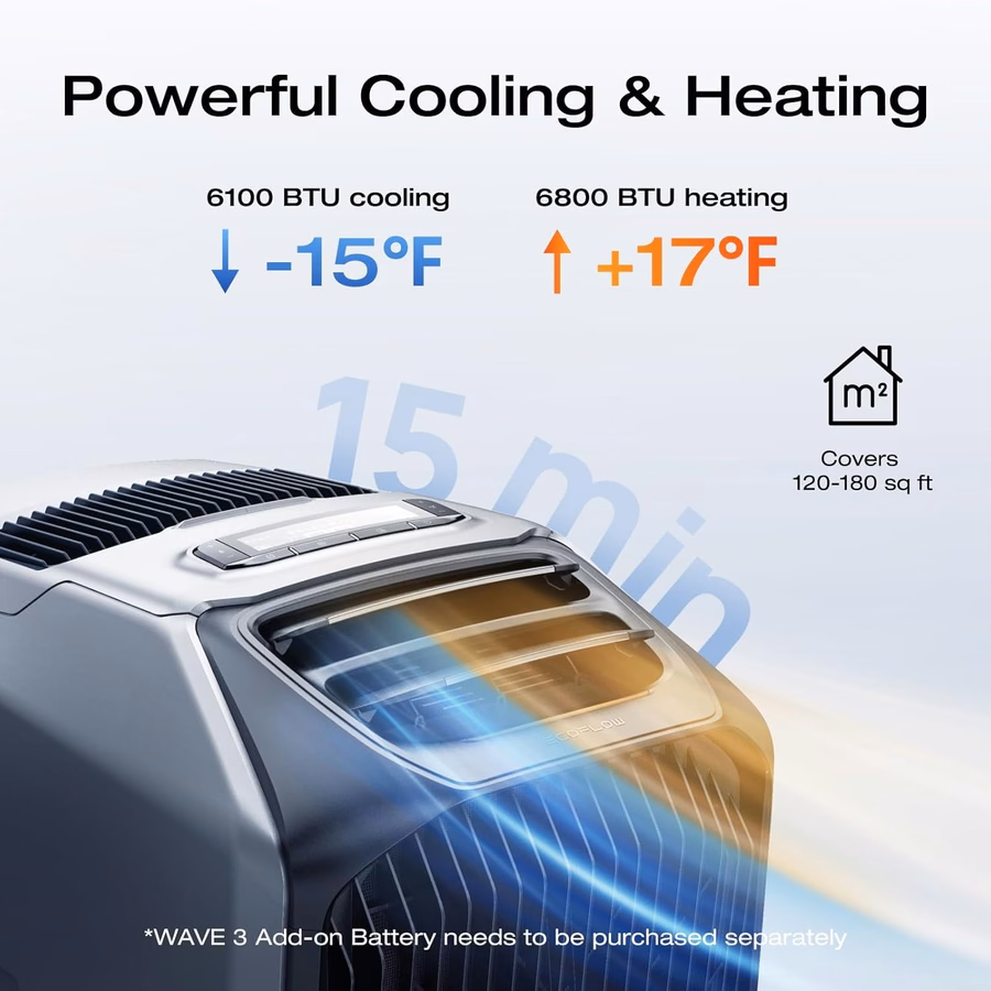 Condizionatore d'aria portatile EF EcoFlow WAVE 3, raffreddamento 1800W/6100 BTU e riscaldamento 2000W/6800 BTU, ricarica rapida a 1000W in 75 minuti, 8 ore di funzionamento wireless, controllo tramite app, ideale per campeggio, vanlife e camper.