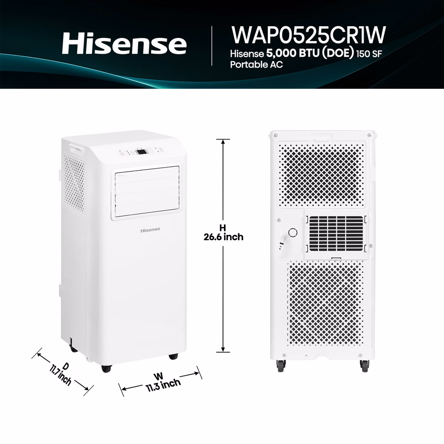 Condizionatore d'aria portatile Hisense da 5.000 BTU, ricondizionato, per ambienti fino a 14 metri quadrati. Modalità multifunzione, doppio sistema di controllo, facile pulizia, kit di montaggio a scatto per finestra, sistema di autoevaporazione, colore bianco (WAP0525CR1W) (Ricondizionato)