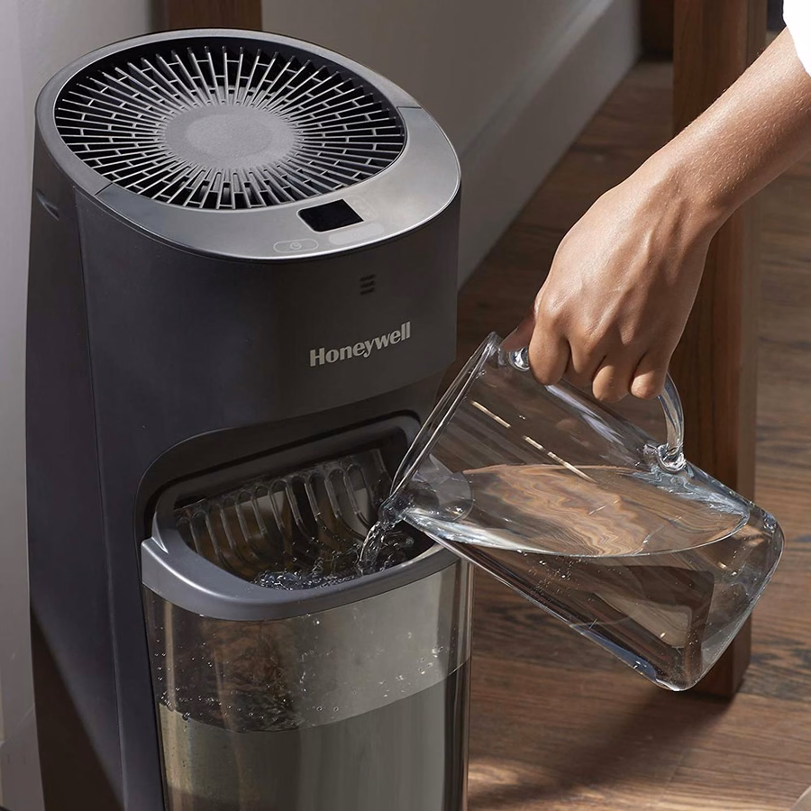 Umidificatore a torre Honeywell con riempimento dall'alto e sistema di raffreddamento ad acqua, dotato di igrostato digitale - Nero, HEV620B