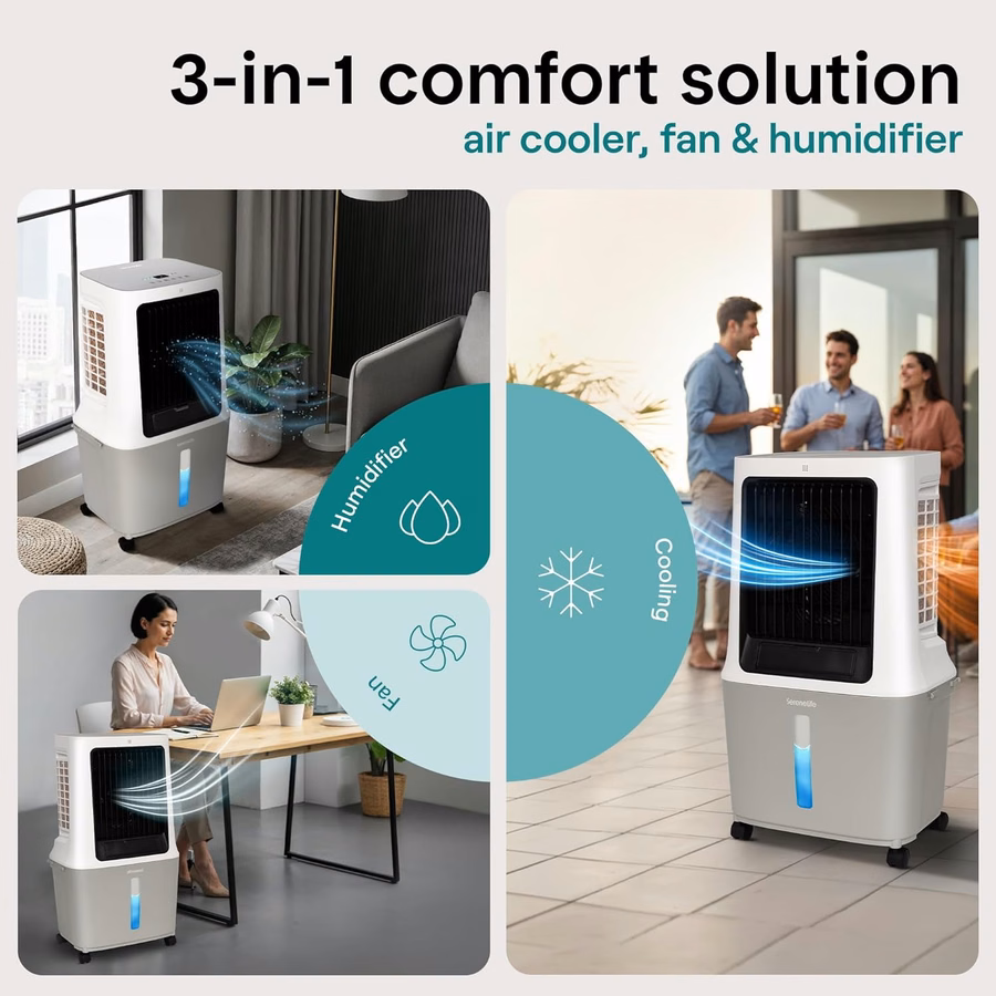 Condizionatore d'aria evaporativo portatile SereneLife - Flusso d'aria di 2500 CFM, serbatoio dell'acqua da 8 galloni, raffrescatore evaporativo portatile per ambienti interni ed esterni, Wi-Fi, modalità umidificatore e ventilatore, impacchi di ghiaccio e telecomando inclusi.