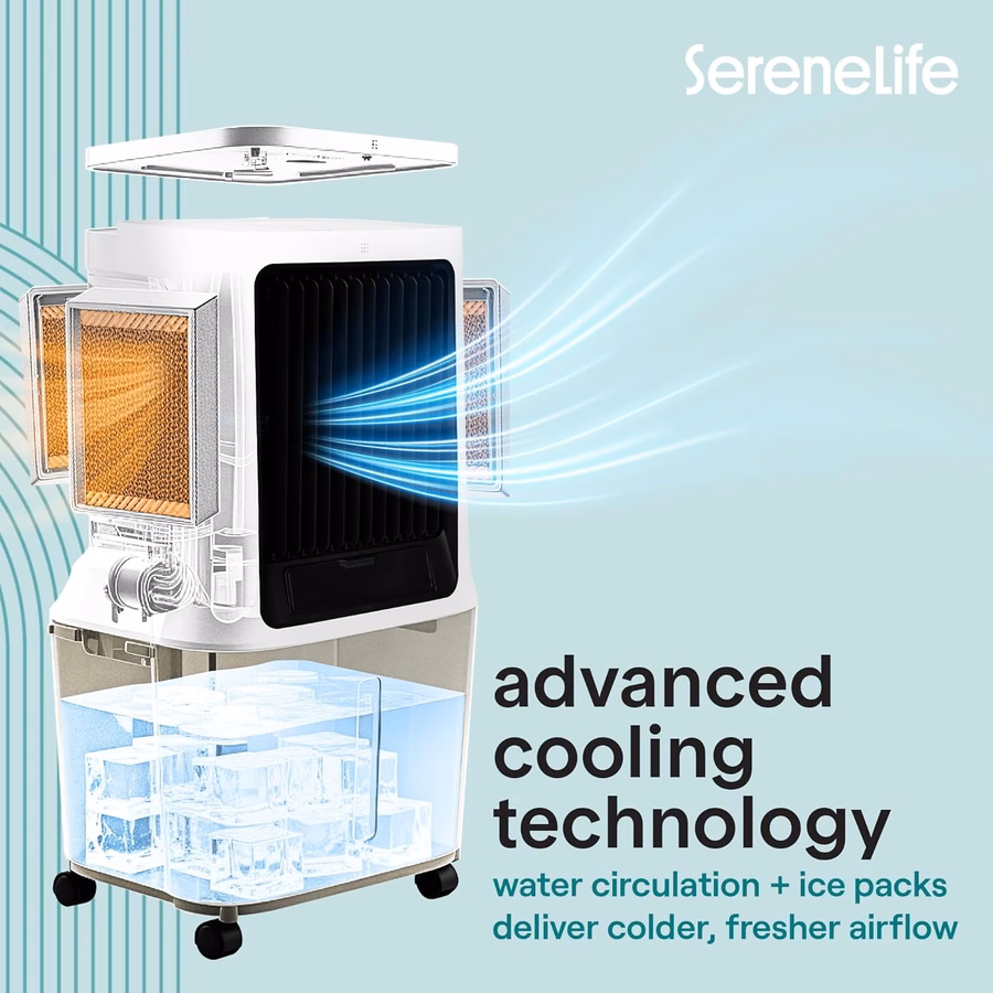 Condizionatore d'aria evaporativo portatile SereneLife - Flusso d'aria di 2500 CFM, serbatoio dell'acqua da 8 galloni, raffrescatore evaporativo portatile per ambienti interni ed esterni, Wi-Fi, modalità umidificatore e ventilatore, impacchi di ghiaccio e telecomando inclusi.