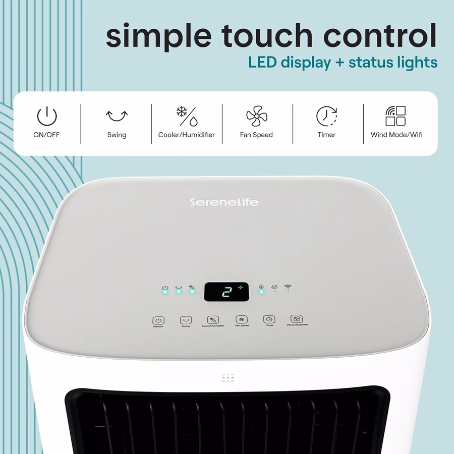 Condizionatore d'aria evaporativo portatile SereneLife - Flusso d'aria di 2500 CFM, serbatoio dell'acqua da 8 galloni, raffrescatore evaporativo portatile per ambienti interni ed esterni, Wi-Fi, modalità umidificatore e ventilatore, impacchi di ghiaccio e telecomando inclusi.