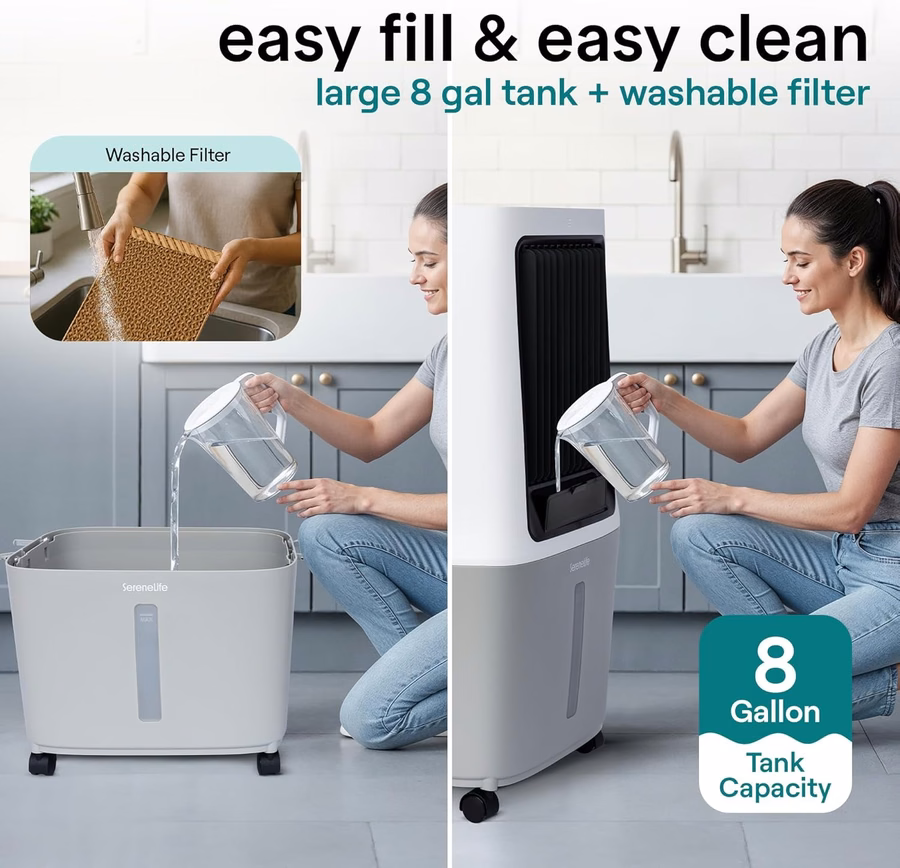 Condizionatore d'aria evaporativo portatile SereneLife - Flusso d'aria di 2500 CFM, serbatoio dell'acqua da 8 galloni, raffrescatore evaporativo portatile per ambienti interni ed esterni, Wi-Fi, modalità umidificatore e ventilatore, impacchi di ghiaccio e telecomando inclusi.
