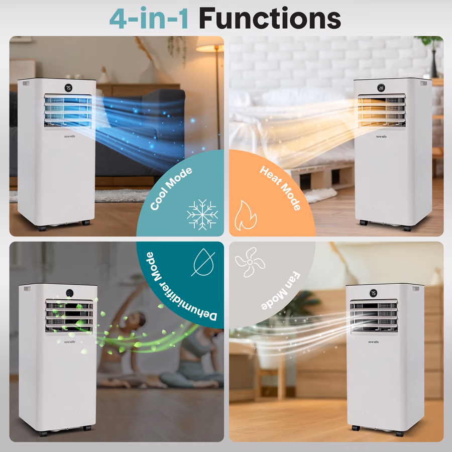 Condizionatore e riscaldatore portatile SereneLife da 8.000 BTU, piccolo condizionatore con deumidificatore e ventilatore, funzione Wi-Fi, mini unità di climatizzazione con copertura di 350 piedi quadrati, include telecomando e kit di montaggio per finestra.