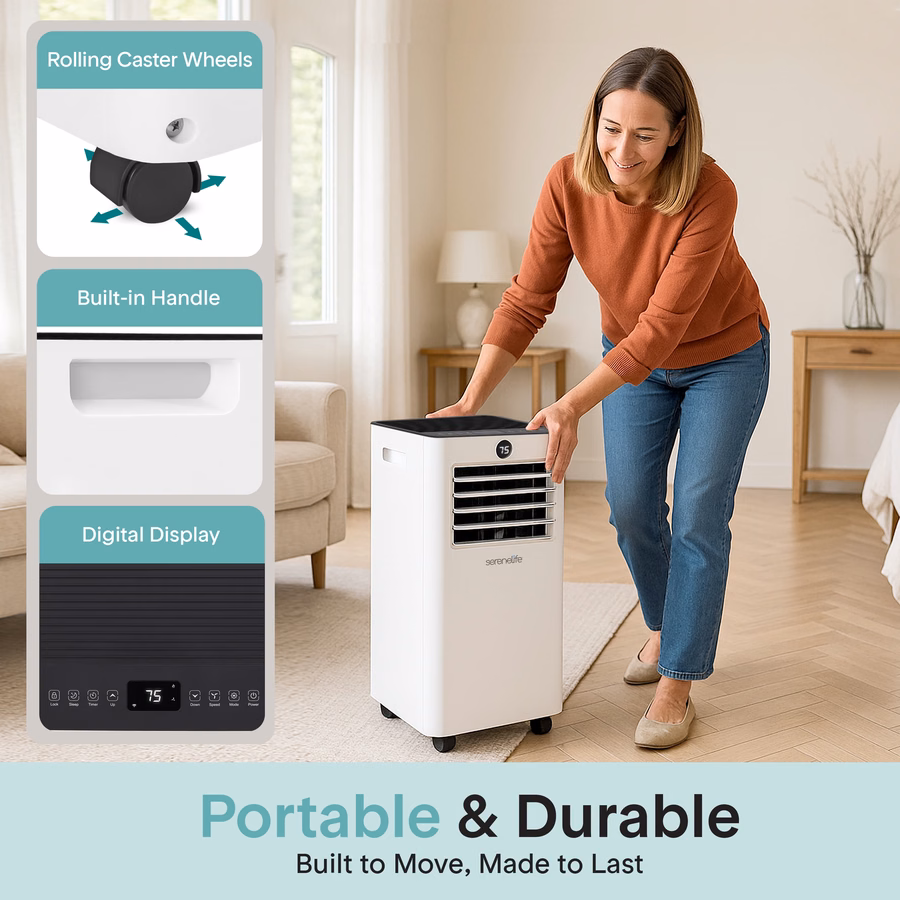Condizionatore e riscaldatore portatile SereneLife da 8.000 BTU, piccolo condizionatore con deumidificatore e ventilatore, funzione Wi-Fi, mini unità di climatizzazione con copertura di 350 piedi quadrati, include telecomando e kit di montaggio per finestra.