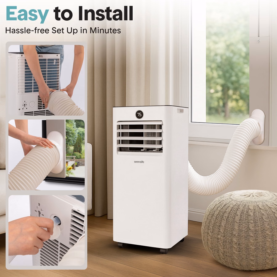 Condizionatore e riscaldatore portatile SereneLife da 8.000 BTU, piccolo condizionatore con deumidificatore e ventilatore, funzione Wi-Fi, mini unità di climatizzazione con copertura di 350 piedi quadrati, include telecomando e kit di montaggio per finestra.