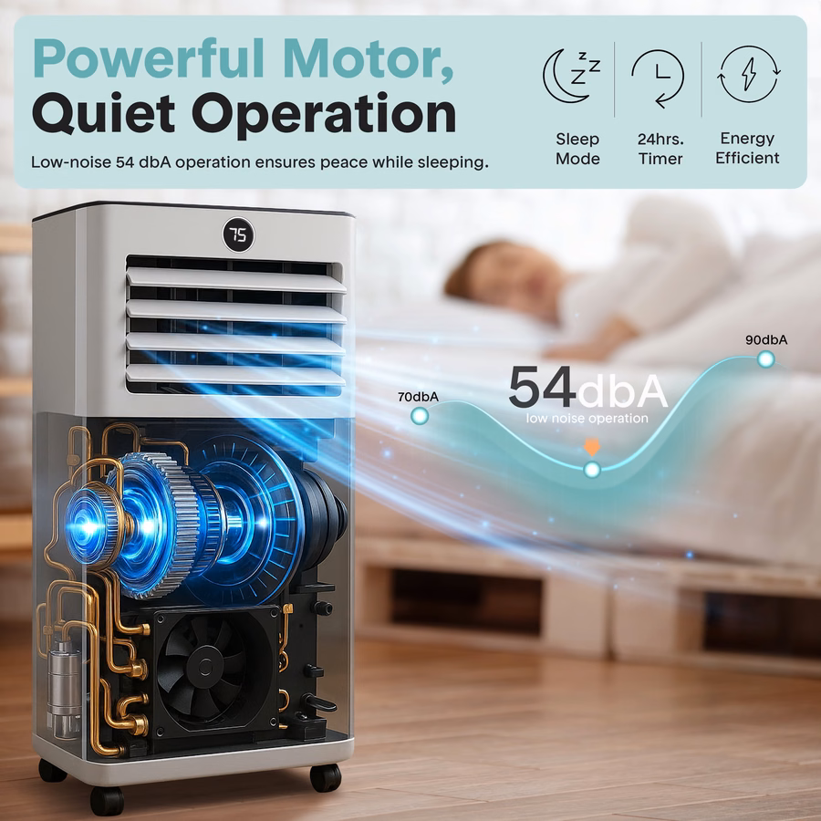 Condizionatore e riscaldatore portatile SereneLife da 8.000 BTU, piccolo condizionatore con deumidificatore e ventilatore, funzione Wi-Fi, mini unità di climatizzazione con copertura di 350 piedi quadrati, include telecomando e kit di montaggio per finestra.