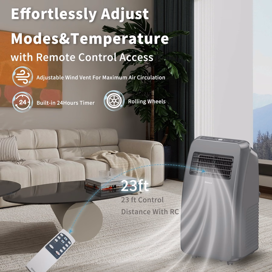 Condizionatore d'aria portatile Shinco da 8.000 BTU, colore grigio - Funzione 3 in 1: raffreddamento, deumidificazione e ventilazione per ambienti fino a 350 piedi quadrati, telecomando e timer 24 ore, unità compatta per camera da letto/ufficio.