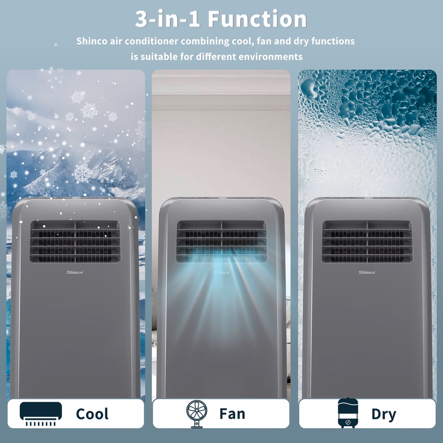 Condizionatore d'aria portatile Shinco da 8.000 BTU, colore grigio - Funzione 3 in 1: raffreddamento, deumidificazione e ventilazione per ambienti fino a 350 piedi quadrati, telecomando e timer 24 ore, unità compatta per camera da letto/ufficio.