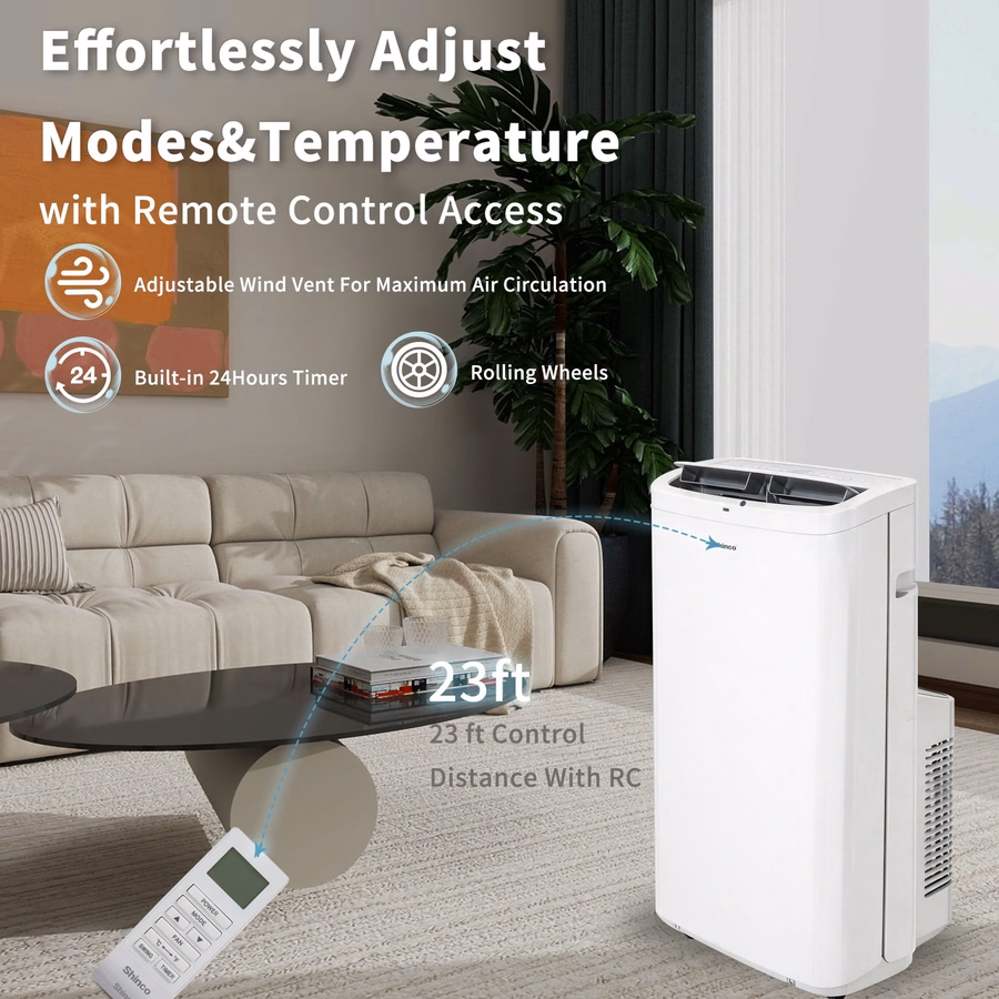 Condizionatore d'aria portatile Shinco da 14.000 BTU, bianco, con funzione riscaldante, adatto fino a 700 piedi quadrati, unità combinata aria condizionata/riscaldamento per finestre, unità di climatizzazione portatile con deumidificatore e ventilatore, raffredda e riscalda, telecomando e kit per finestre.