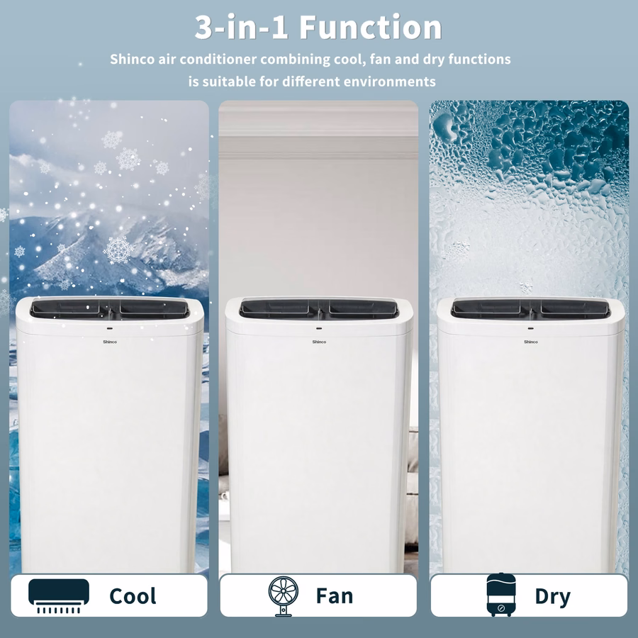 Condizionatore d'aria portatile Shinco da 14.000 BTU, bianco, con funzione riscaldante, adatto fino a 700 piedi quadrati, unità combinata aria condizionata/riscaldamento per finestre, unità di climatizzazione portatile con deumidificatore e ventilatore, raffredda e riscalda, telecomando e kit per finestre.
