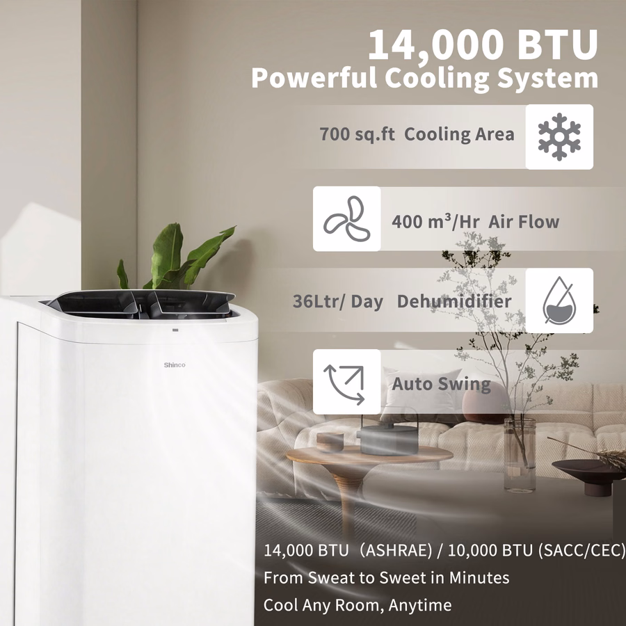 Condizionatore d'aria portatile Shinco da 14.000 BTU, bianco, con funzione riscaldante, adatto fino a 700 piedi quadrati, unità combinata aria condizionata/riscaldamento per finestre, unità di climatizzazione portatile con deumidificatore e ventilatore, raffredda e riscalda, telecomando e kit per finestre.