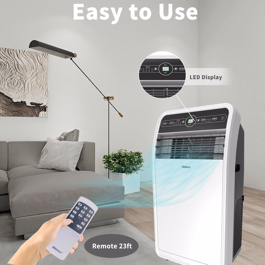 Condizionatore d'aria portatile Shinco da 10.000 BTU con funzione riscaldante, adatto per ambienti fino a 37 metri quadrati, unità combinata aria condizionata/riscaldamento per finestre, unità portatile con deumidificatore e ventilatore, raffredda e riscalda, telecomando e kit per finestre.