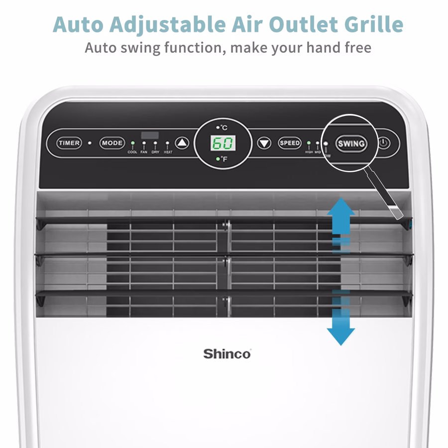 Condizionatore d'aria portatile Shinco da 10.000 BTU con funzione riscaldante, adatto per ambienti fino a 37 metri quadrati, unità combinata aria condizionata/riscaldamento per finestre, unità portatile con deumidificatore e ventilatore, raffredda e riscalda, telecomando e kit per finestre.