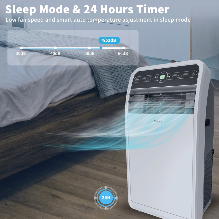 Condizionatore d'aria portatile Shinco da 10.000 BTU con funzione riscaldante, adatto per ambienti fino a 37 metri quadrati, unità combinata aria condizionata/riscaldamento per finestre, unità portatile con deumidificatore e ventilatore, raffredda e riscalda, telecomando e kit per finestre.